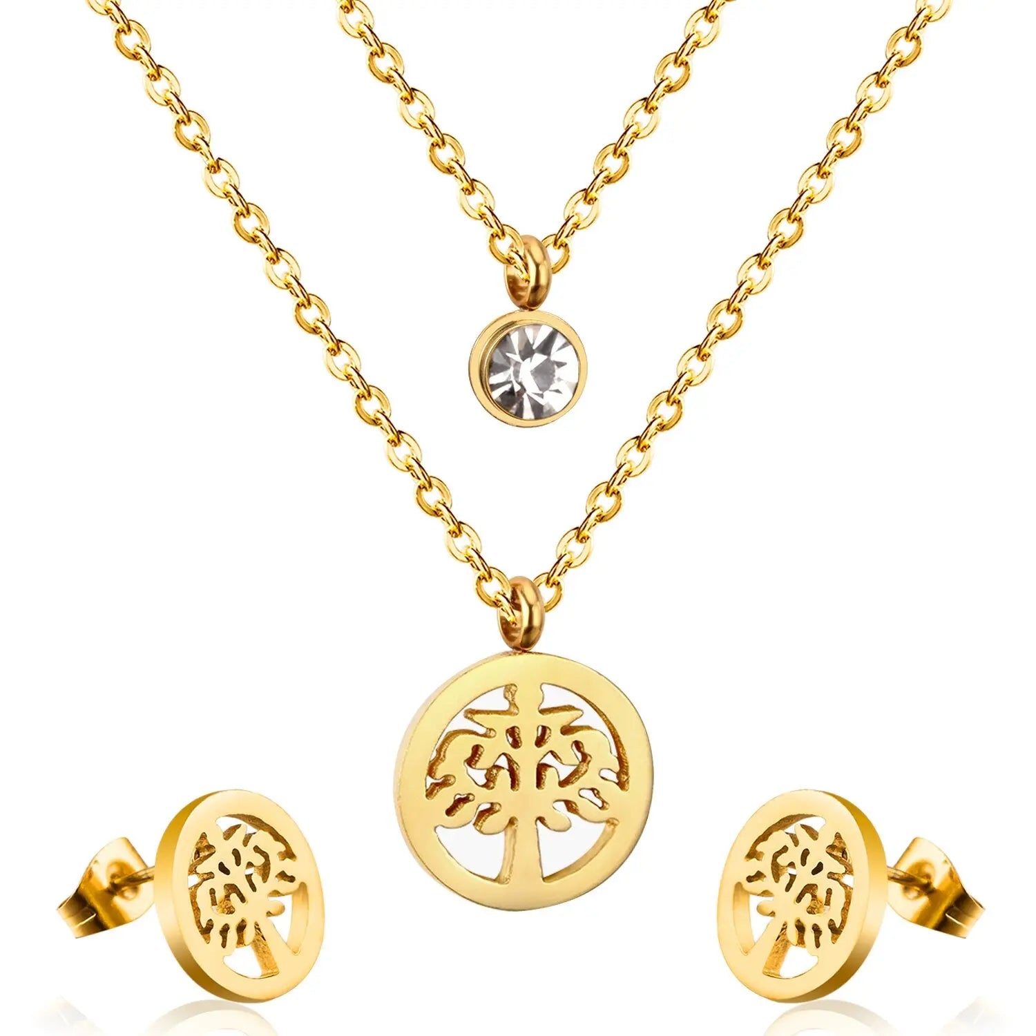 New Arrival Tree Round Crystal Pendant Double Dubai Wedding Necklace Earring Sets For Women Jewelry Wholesale asonjewelry